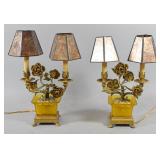 A Pair of Art Nouveau Style Gilt Metal and Yellow Frosted Glass Two-Light Table Lamps with Mica Shades