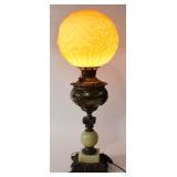 Victorian Electrified Parlor Lamp with Floral Relief Glass Shade and Onyx Elements