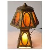 Art Nouveau Style Slag Glass Hexagonal Boudoir Lamp with Illuminated Base