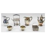 Group of 7 Assorted Silver-Plated and Aluminum Decorative Objects Incl Mappin and Webb Spirit Kettle