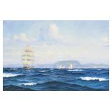 Emil Axel Petersen Oil on Canvas Marine Painting of a Sailing Ship near Barcelona
