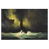 Toon Koster Oil on Canvas Sailboat in Turbulent Seas