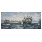 J. Clark Oil on Board Maritime Scene with Sailing Ships