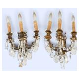 A Pair of French Style Bronze and Crystal Three-Light Wall Sconces