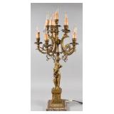 Ten-Light Gilt Metal and Marble Figural Candelabra Lamp