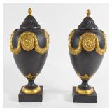 A Pair of Mottahedeh Neoclassical Style Gilded Black Basalt Lidded Urns