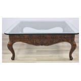 French Country Carved Wood Coffee Table with Glass Top