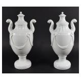 A Pair of Neoclassical Style White Glazed Porcelain Panther Head Lidded Urns