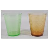Two Glass Vases Incl Green Coin Spot and Amber Etched Floral