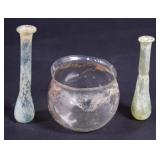 3 Roman Glass Vessels Including Two Unguentaria and a Small Bowl