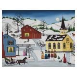 Linda Nelson Stocks Acrylic on Canvas Winter Christmas Village Scene