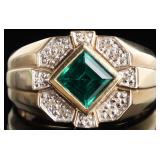 10K YELOW GOLD EMERALD & DIAMOND MENS RING