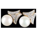 14K YELLOW GOLD LADIES EARRINGS W/ PEARLS & DIAS
