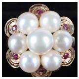 7.6-6.0MM PEARL & RUBY 14K YELLOW GOLD RING