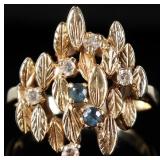 14K YELLOW GOLD DIAMOND SAPPHIRE LEAF LADIES RING