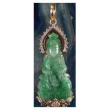 18K YELLOW GOLD GREEN JADE BUDDHA CZ PENDANT