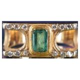 18K/14K YELLOW GOLD EMERALD & DIAMOND LADIES RING