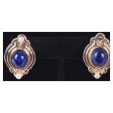 14K YELLOW GOLD LADIES EARRINGS W/ PEARL & LAPIS