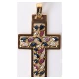 18K YELLOW GOLD CROSS PENDANT W/ RUBIES SAPPHIRE
