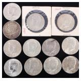 ASSORTED 90% SILVER KENNEDY HALF DOLLARS - (12)