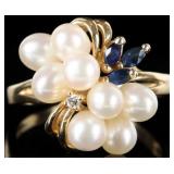 14K YELLOW GOLD DIAMOND SAPPHIRE PEARL LADIES RING