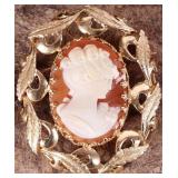 14K YELLOW GOLD CAMEO ENAMEL LEAF LADIES BROOCH