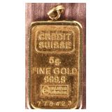 5G FINE GOLD BAR IN 18K YELLOW GOLD PENDANT SWISS