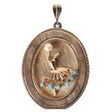 14K YELLOW GOLD BALLET PENDANT W/ PEARL & TURQ