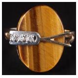 10K YELLOW GOLD LADIES RING W/ TIGERS EYE & DIAS