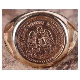 14K YELLOW GOLD MENS RING W/ MEXICO COIN FACE