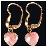 18K YELLOW GOLD PINK LACE AGATE HEART EARRINGS