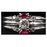 14K WHITE GOLD NATURAL DIAMOND RUBY 2-PIECE RING
