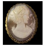 Vintage Carved Shell Cameo Brooch with Scalloped Metal Frame