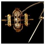 Victorian Bi-Color Gold and Three-Stone Bar Brooch with Safety Chain and Stick Pin
