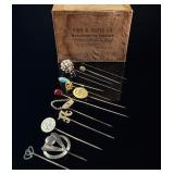 A Collection of Thirteen Antique and Vintage Stick Pins with King and Eisele Co. Box