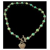 Turquoise Bead and Silver Tone Link Necklace with Heart Pendant