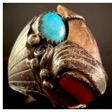 Sterling Silver Southwestern Bear Claw Ring with Turquoise and Coral