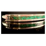 Sterling Silver Hinged Bangle Bracelet with Crushed Green Stone Inlay