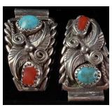 A Pair of Southwestern Sterling Silver Turquoise and Coral Watch Tips
