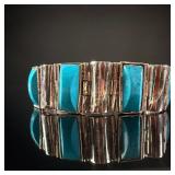 Mexican Taxco Sterling Silver and Turquoise Hinged Link Bracelet