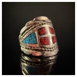 Southwestern Style Wide Band Ring with Turquoise and Coral Chip Inlay