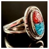 Southwestern Sterling Silver Chip Inlay Ring with Turquoise and Coral