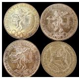 A Group of Four Mexican Silver Coins Including 1968 Olympic 25 Pesos and 1958 Un Peso Issues