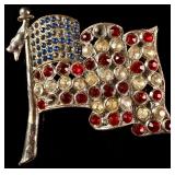 Vintage Sterling Silver and Rhinestone Waving American Flag Brooch