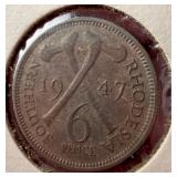 1947 Southern Rhodesia Cupronickel Sixpence
