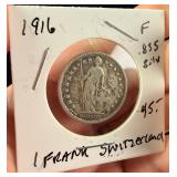 1916 CH Silver 1 Franc Coin