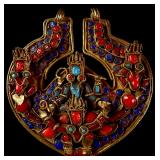 A Large Nepalese Gilded Metal Pectoral Pendant Set with Coral Turquoise and Lapis Lazuli