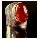 Modernist Silver and Baltic Amber Wide-Band Cocktail Ring