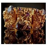 German Victorian Revival Gold-Toned Filigree Panel Bracelet with Purple Stones and Faux Pearls