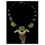 Modernist Gold-Tone Wire and Green Cabochon Fringe Necklace